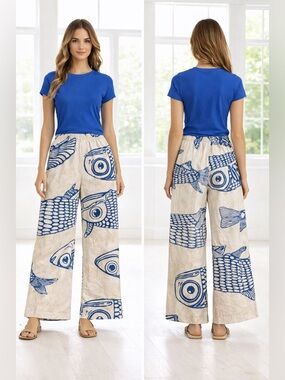Blue Fish-Print Wide Leg Linen Pants - Women's Casual XXL EUC